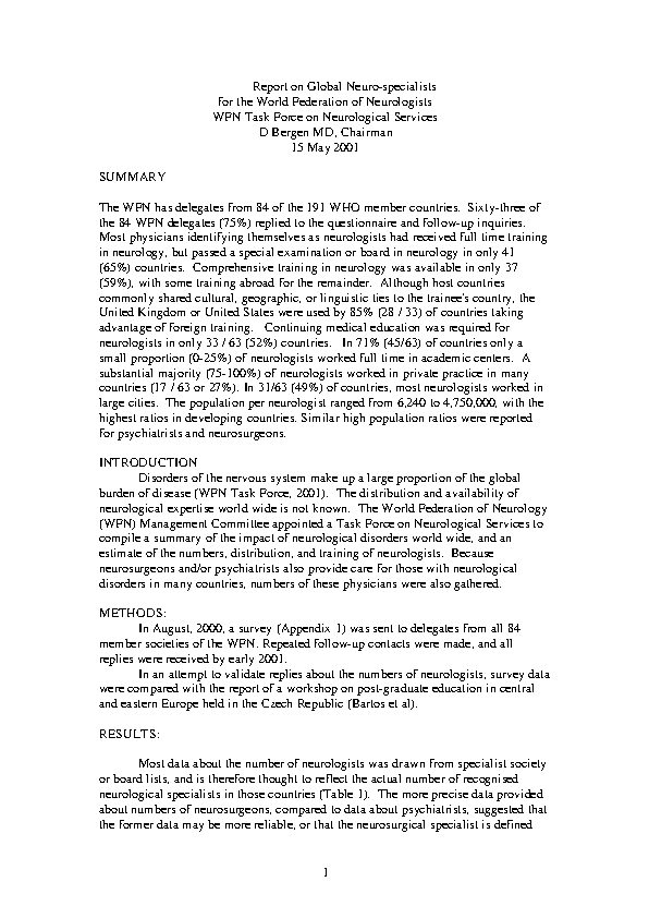 Survey of Global Neuro-specialists