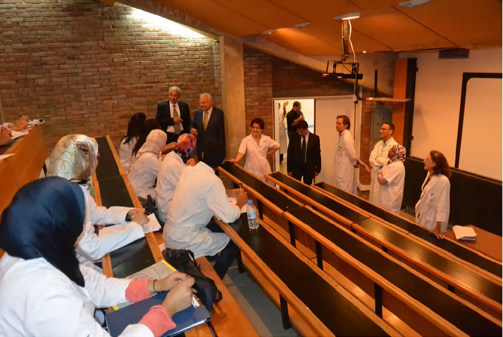 WFN delegation and local faculty and leadership visit a lecture hall in Mohamed V. Souissi University, Rabat.