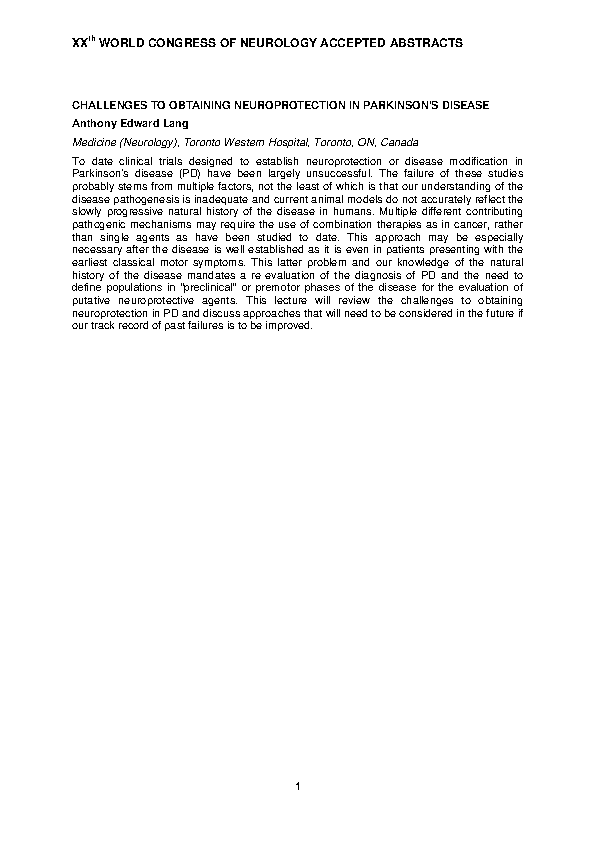 XX World Congress of Neurology (WCN 2011)